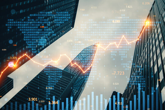 Skyscrapers with rising financial chart overlay symbolizing economic growth in modern city business district under abstract digital background.