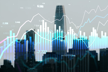Naklejka premium City skyline with financial market charts and data overlays illustrating economic trends and urban investment dynamics in the modern landscape.