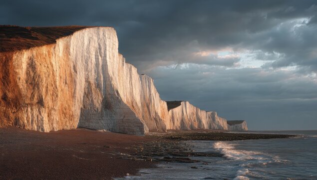 Dramatic Coastal Cliffs Bathed in Golden Hour Light Under Stormy Skies.