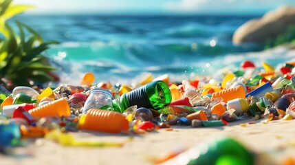 Fototapeta premium Polluted Beach Scene with Vibrant Plastic Waste Littering the Shoreline Against the Ocean Backdrop