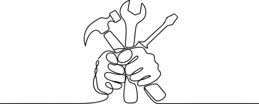 Set continuous one line drawing of hands holding working tools.one line Art icon drawing vector