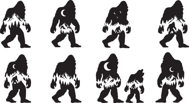 Bigfoot, Sasquatch, silhouette icons, 8 black vector graphics