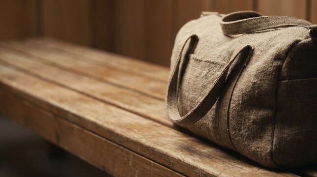 Organic hemp canvas sports duffel bag resting on a wooden bench in an empty locker room concept of sustainable lifestyle and eco friendly travel gear
