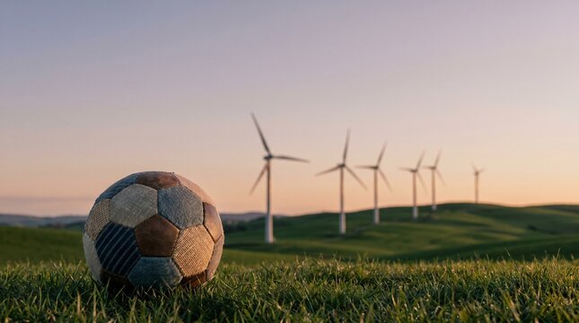 Upcycled patchwork soccer ball on green grass with wind turbines in background under dawn sky concept of sustainable sports and renewable energy