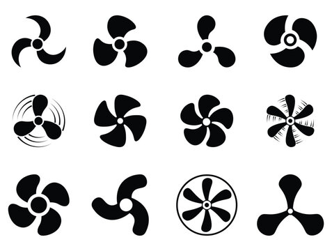 Collection of fan blades silhouette icon in various designs. Set of screw turbine blades. Variety of fan blade icons. Mechanical engineering energy sector and airflow graphics designs. 