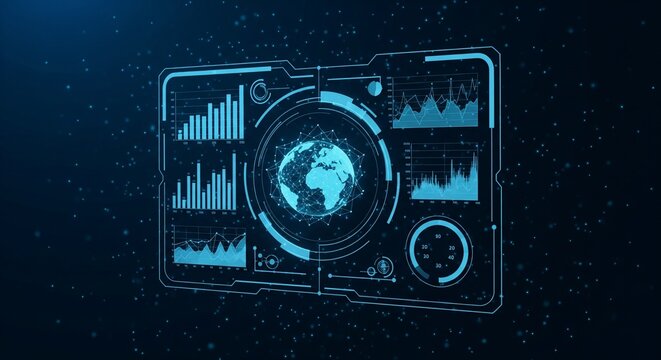 Futuristic digital dashboard interface displaying global data, charts, and analytics on a dark blue