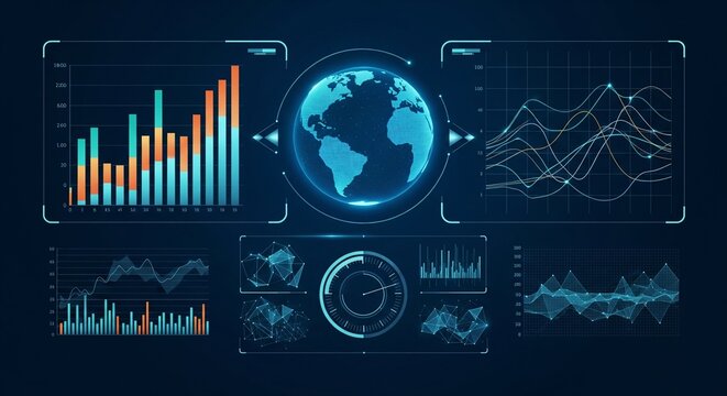 Futuristic digital dashboard with globe, charts, graphs, and data visualizations for technology