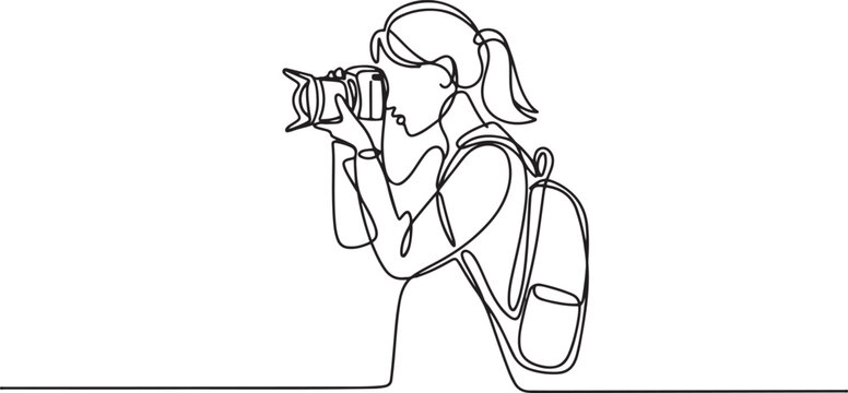 Single continuous line drawing woman journalist or reporter with backpack making pictures. Photographers of paparazzi taking photo with digital cameras dslr.one line Art icon drawing vector