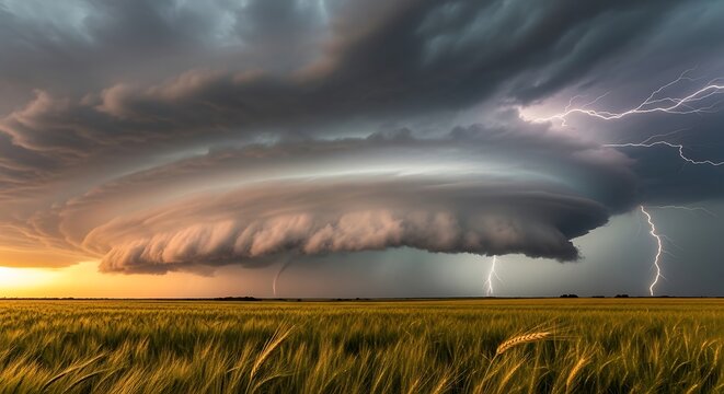 Dramatic Storm Clouds Looming Over a Golden Wheat Field with Lightning.