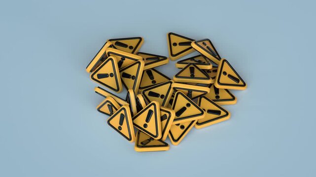 Single yellow warning triangle icon jumping and exploding into a chaotic pile of caution symbols. Concept for alerts, system errors, risk, cybersecurity, and digital notifications. 3D render animation