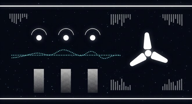 Futuristic Digital Interface with Data Visualizations and Turbine Symbol on Dark Background