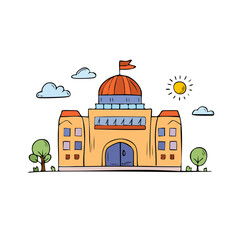 Obraz premium Cartoon illustration of a public building with a dome and flag under a bright sun and clouds