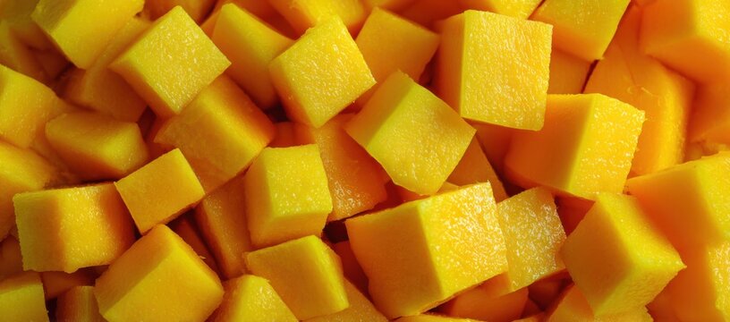 Close-up shot of diced butternut squash cubes, a vibrant orange vegetable, ready for cooking.