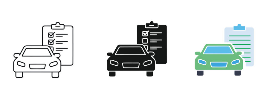 Car inspection checklist and vehicle registration icons with transparent background