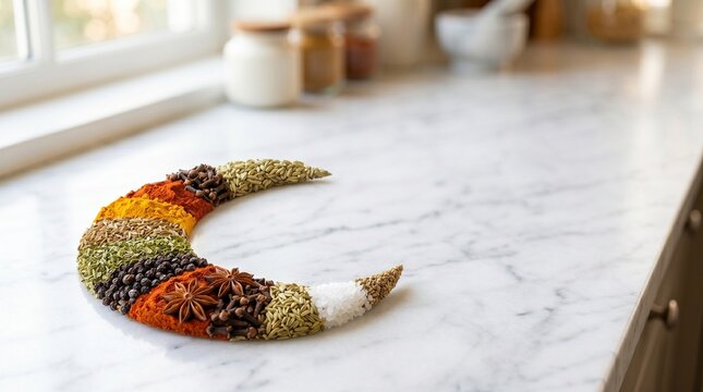 Crescent moon shape made of assorted spices and herbs on marble counter