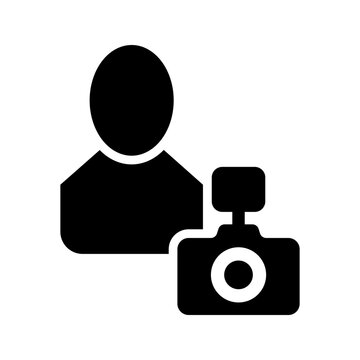Photographer camera icon. People and photography filled symbol. Black and white.