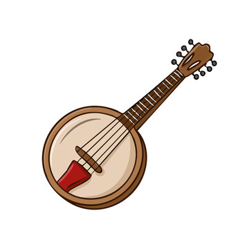 Cartoon illustration of a six-string banjo with a wooden neck and resonator