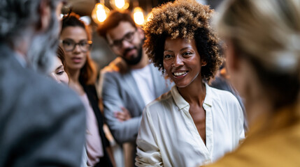 Fototapeta premium Businesswoman engages team with innovative ideas during lively meeting