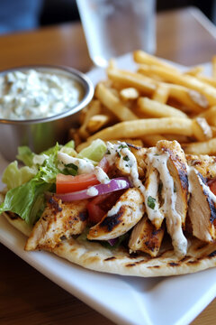 Grilled chicken gyro with tzatziki sauce, lettuce, tomatoes, and onions, served in pita bread with a side of fries