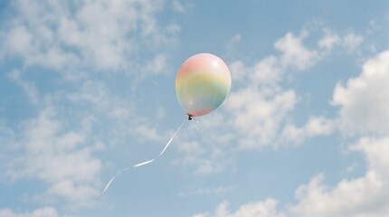 Obraz premium Colorful pastel balloon flying freely in a beautiful blue sky with white clouds.