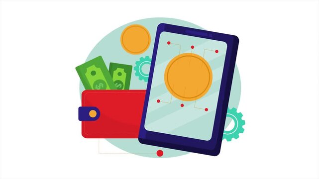 Cash from your wallet appears on your device's screen and turns into digital currency. Vector animation in a flat art style