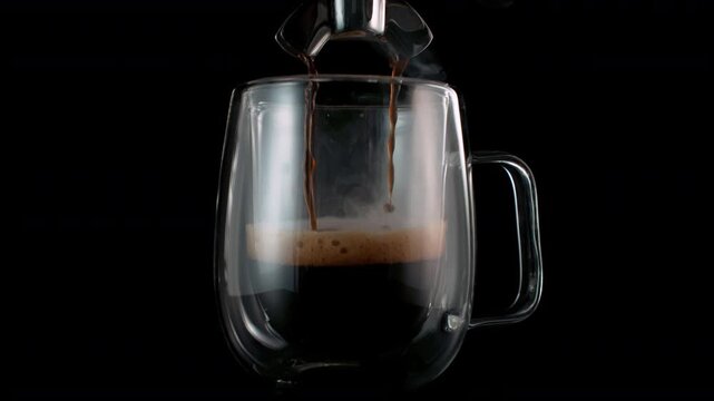 Super Slow Motion of Pouring Espresso Isolated on Black Background with Camera Motion at 1000fps.