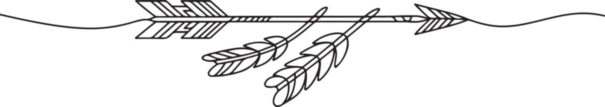 Tribal arrows feathers continuous one line drawing, arrow engraving black and white outline.one line Art icon drawing vector
