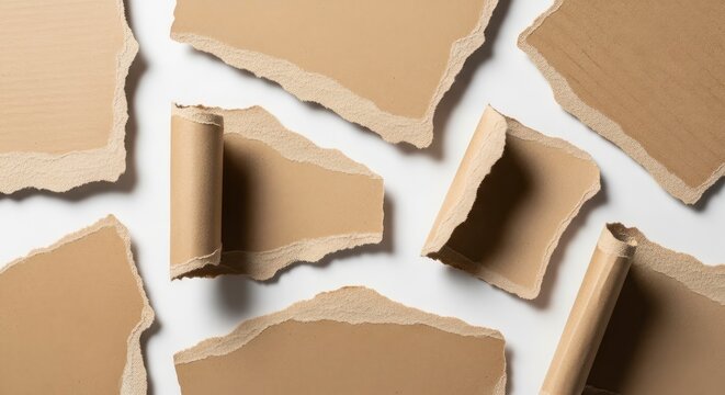 Collection of torn brown craft paper pieces with rough deckle edges and curls on white background