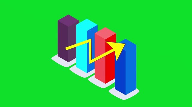 3D isometric bar graph with a rising yellow arrow, symbolizing financial growth and success, perfect for corporate presentations and data-themed 4k stock animation video on a green screen background.
