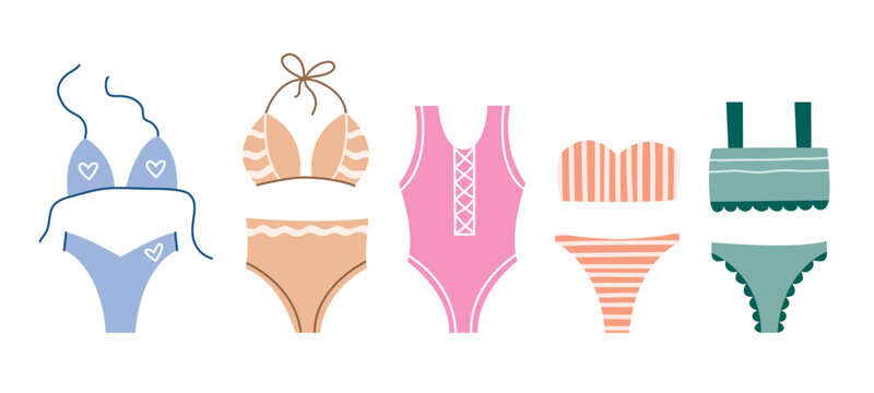 Set of womens swimsuits, flat style. Hand drawn swimsuits. Bikini, one-piece swimsuit, bandeau clip art. Summer beach accessory, sunbathing and sunbathing clothes, vector graphics