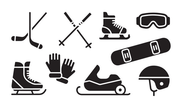 Winter sports equipment and accessories silhouette icons collection.