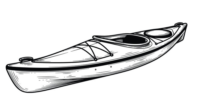 A detailed black and white illustration of a sleek, modern touring kayak, emphasizing its streamlined design and readiness for adventure on the water.