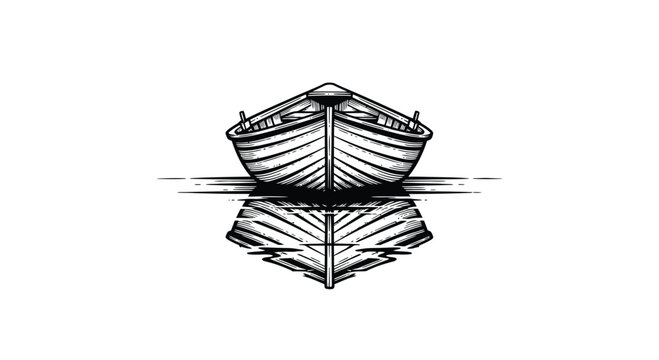 Detailed black and white illustration of a small wooden boat floating on calm water with a perfect reflection below, viewed from the front.