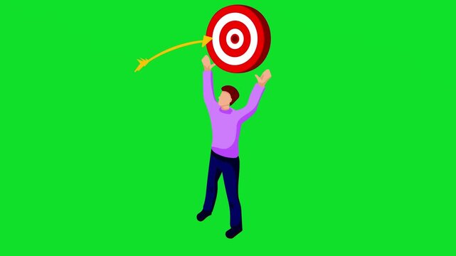 3D isometric character holding a bullseye as arrows hit the mark, perfect for representing success, accuracy, and goal achievement 4k stock animation video on a green screen background.