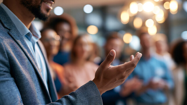 Faceless happy business trainee delivers a first professional presentation to colleagues in corporate onboarding training culture in an office meeting