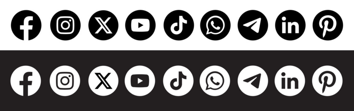 Social media icon set for website and app UI. Black and white circular logos of Facebook, Instagram, X, YouTube, TikTok, LinkedIn and WhatsApp flat vector isolated.
