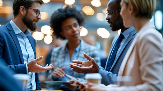 Faceless professionals discussing a business project in a collaborative office, teamwork coordination and project management communication