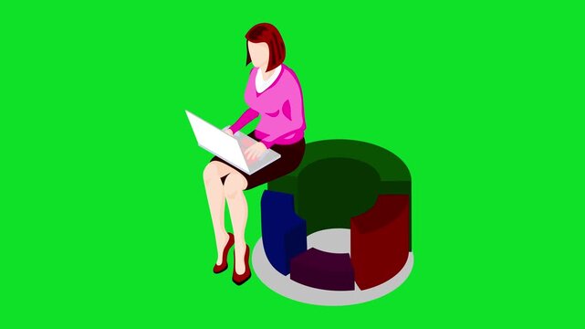 a professional woman with red hair wearing a pink sweater and red heels, sitting on a colorful 3D circular chart while working on a silver laptop against 4K stock animation video on a green screen.