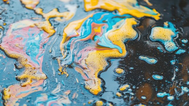 Abstract swirls of colorful plastic pollution and foam marring a water surface, highlighting environmental contamination issues.