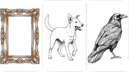 Obraz premium Vintage ornate frame with engraved dog and raven illustrations detailed antique vector collection design