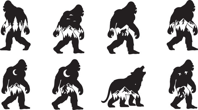 Sasquatch, Bigfoot silhouettes, evolution icons, monster set