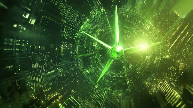 Abstract green technology clock face representing future urban infrastructure and innovation