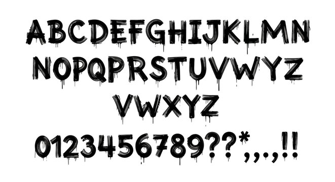 Black dripping graffiti alphabet letters and numbers.