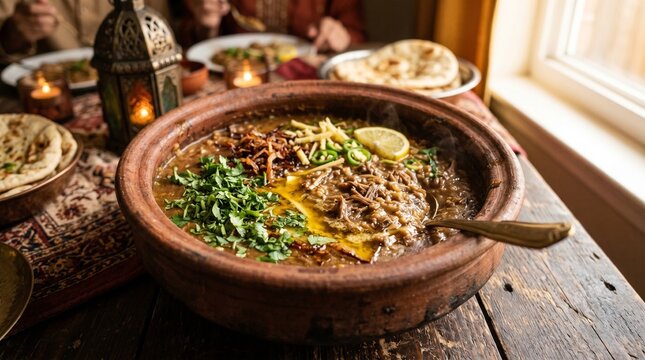 Authentic Pakistani Haleem Meat and Lentil Stew in Traditional Clay Handi