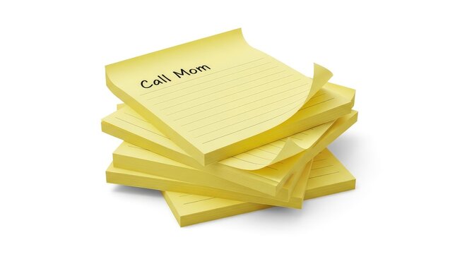 Stack of Yellow Lined Sticky Notes with 'Call Mom' Reminder Isolated on White Background
