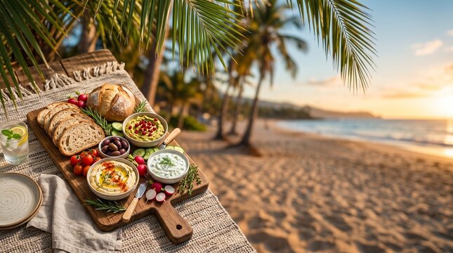 Mediterranean appetizer platter served on a tropical beach at sunset
