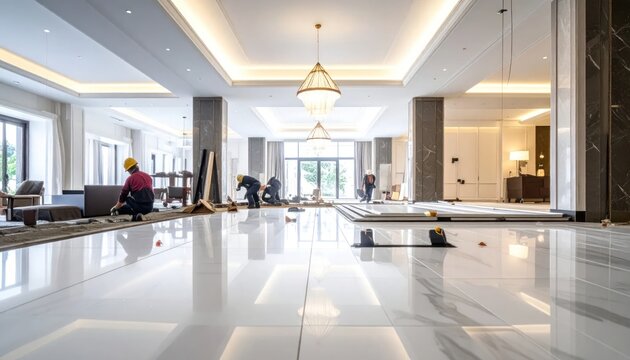 Modern Luxury Hotel Lobby Under Construction with Polished Marble Floors.