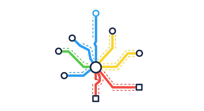 Abstract Colorful Metro Map Diagram with Lines and Nodes on White Background