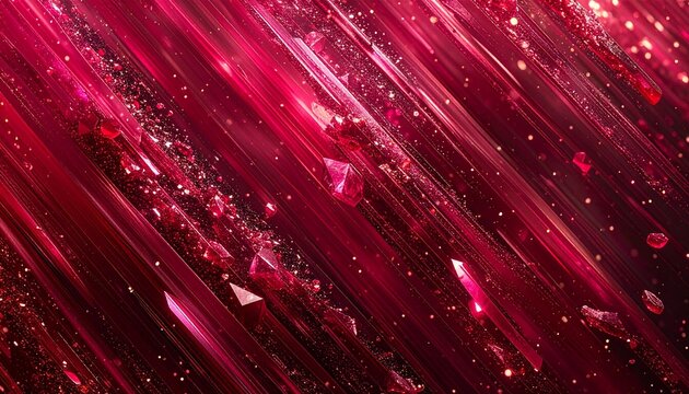 暗闇の中で斜めに降り注ぐ鮮やかなルビーレッドのクリスタル粒子と輝く光のラインの背景素材