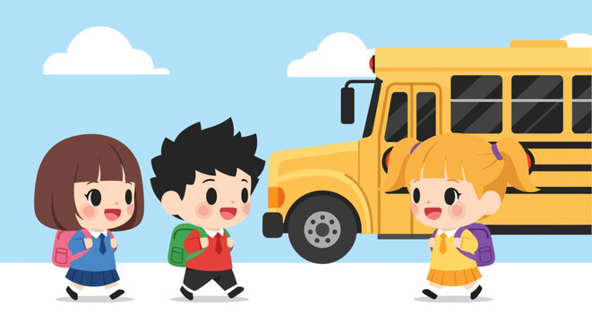 Happy diverse school children walking to yellow school bus with backpacks.
